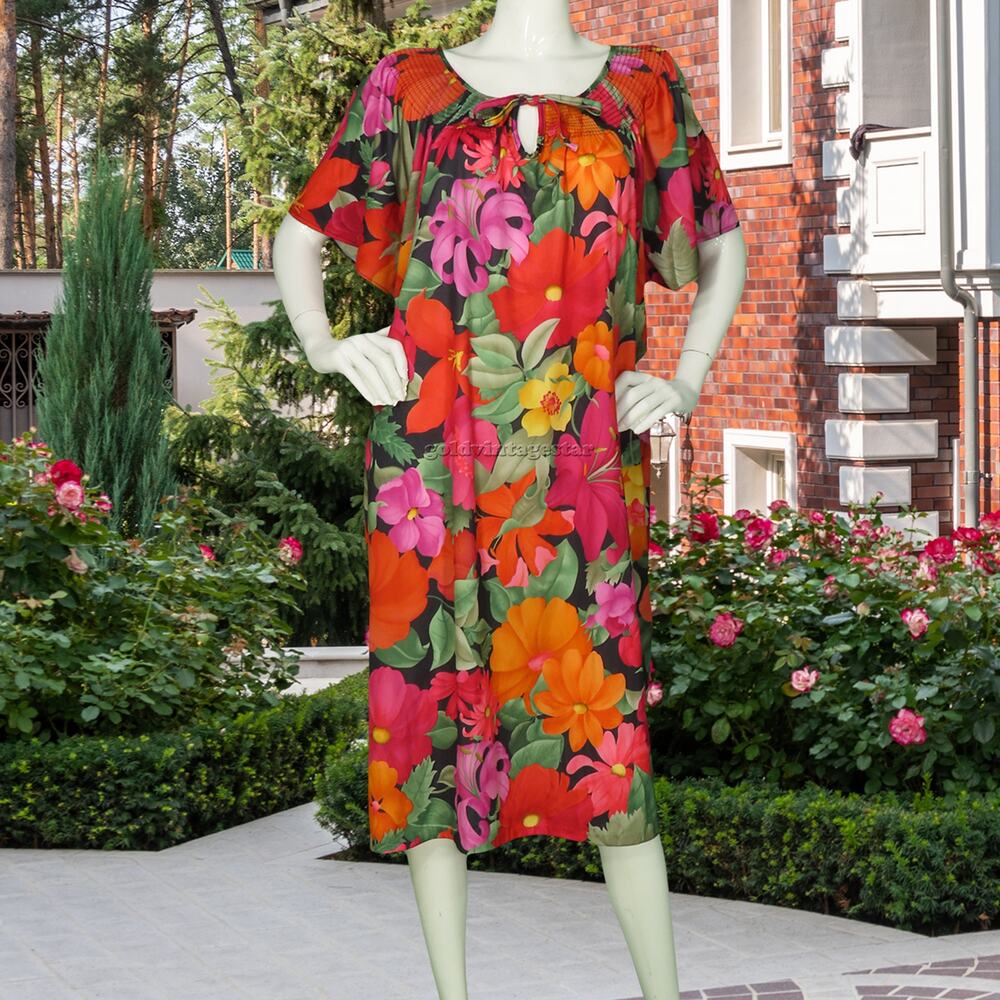 Vintage Kelly Reed Bright Floral Flower Hawaiian Aloha Loose Sun Dress 2XL